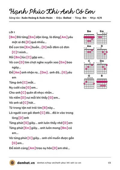 Hợp âm Hạnh Phúc Khi Anh Có Em (Phúc Bồ) – bản nhạc PDF trang 1, tông Bm