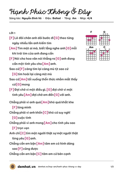 Hợp âm Hạnh Phúc Không Ở Đây (Hà Duy Thái) – bản nhạc PDF trang 1, tông Am