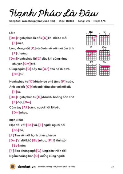 Hợp âm Hạnh Phúc Là Đâu (Tuyết Mai) – bản nhạc PDF trang 1, tông Dm