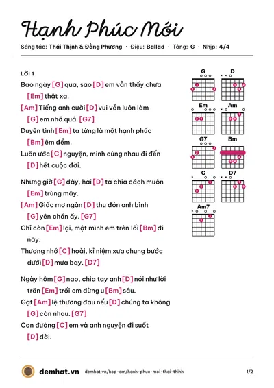 Hợp âm Hạnh Phúc Mới (Phạm Quỳnh Anh) – bản nhạc PDF trang 1, tông G