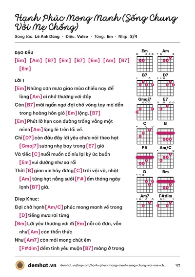 Hợp âm Hạnh Phúc Mong Manh (Sống Chung Với Mẹ Chồng) (Khánh Linh) – bản nhạc PDF trang 1, tông Em