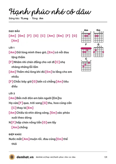 Hợp âm Hạnh phúc nhé cô dâu (Nguyễn Mạnh) – bản nhạc PDF trang 1, tông Am