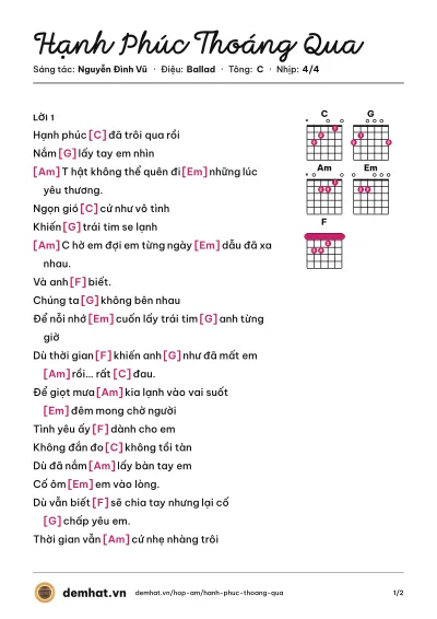 Hợp âm Hạnh Phúc Thoáng Qua (huỳnh nhật long) – bản nhạc PDF trang 1, tông C