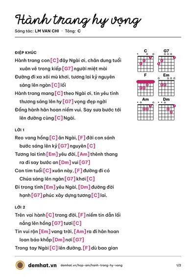 Hợp âm Hành trang hy vọng (LM VAN CHI) – bản nhạc PDF trang 1, tông C