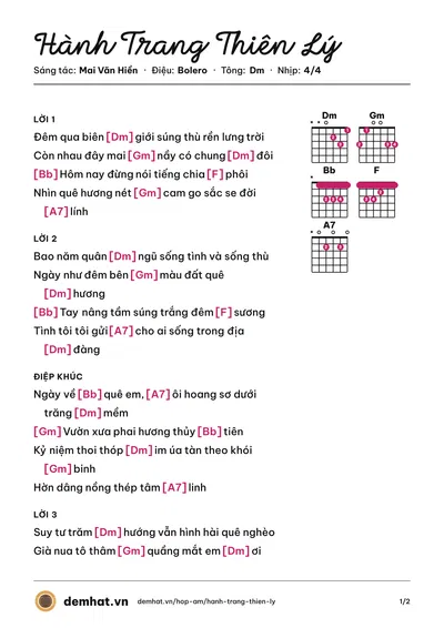 Hợp âm Hành Trang Thiên Lý (Duy Khánh) – bản nhạc PDF trang 1, tông Dm