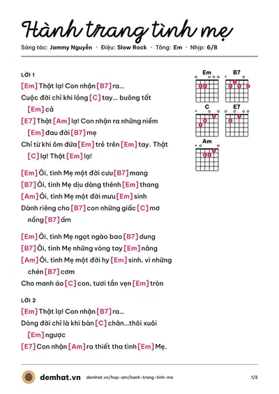 Hợp âm Hành trang tình mẹ (Jammy Nguyễn) – bản nhạc PDF trang 1, tông Em