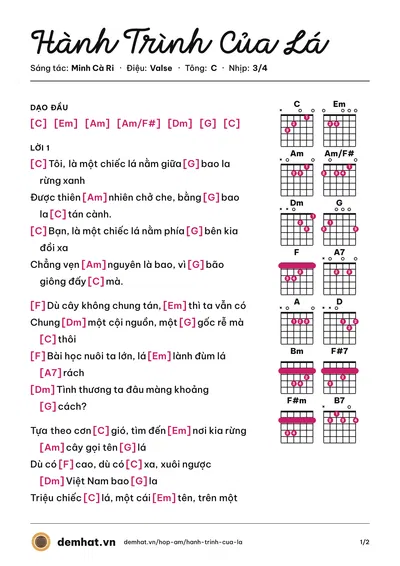 Hợp âm Hành Trình Của Lá (PiaLinh) – bản nhạc PDF trang 1, tông C