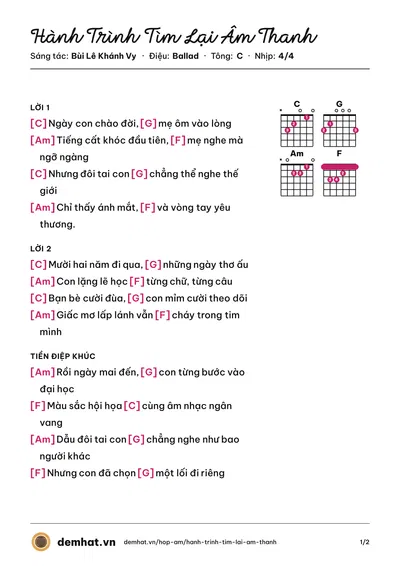 Hợp âm Hành Trình Tìm Lại Âm Thanh (Bùi Lê Khánh Vy) – bản nhạc PDF trang 1, tông C