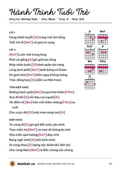 Hợp âm Hành Trình Tuổi Trẻ (Bùi Huy Toàn) – bản nhạc PDF trang 1, tông D
