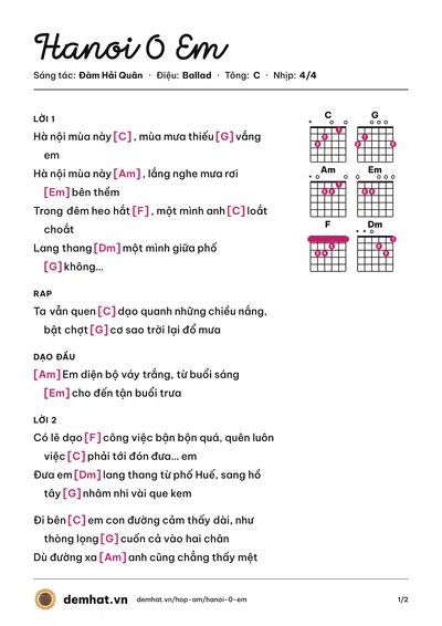 Hợp âm Hanoi 0 Em (Đàm Hải Quân) – bản nhạc PDF trang 1, tông C