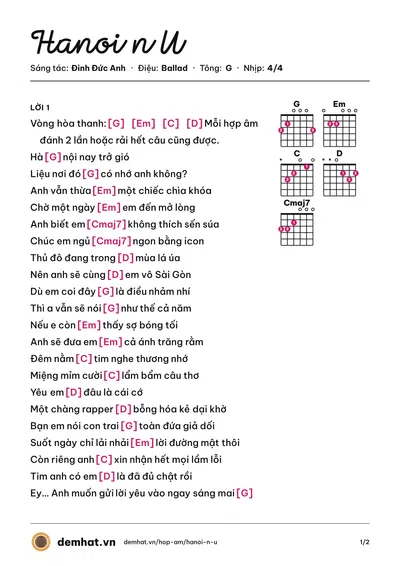 Hợp âm Hanoi n U (Đinh Đức Anh) – bản nhạc PDF trang 1, tông G