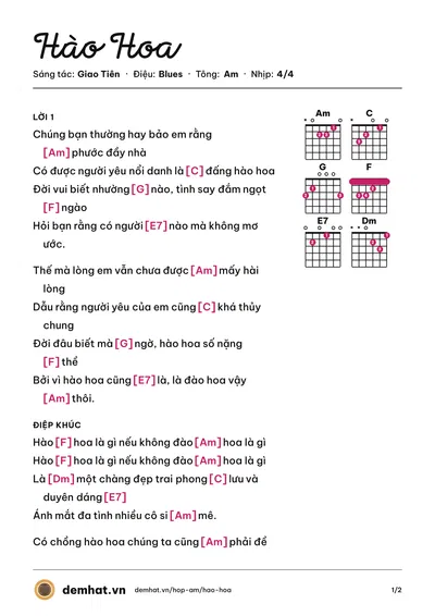 Hợp âm Hào Hoa (Hà Phương) – bản nhạc PDF trang 1, tông Am