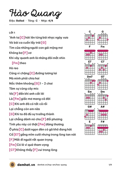 Hợp âm Hào Quang (Quang Anh Rhyder) – bản nhạc PDF trang 1, tông C
