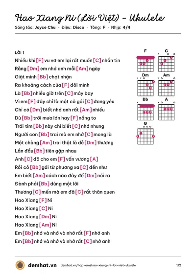 Hợp âm Hao Xiang Ni (Lời Việt) - Ukulele (Joyce Chu) – bản nhạc PDF trang 1, tông F