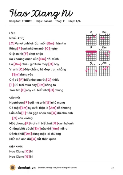 Hợp âm Hao Xiang Ni (Vanh Leg) – bản nhạc PDF trang 1, tông F