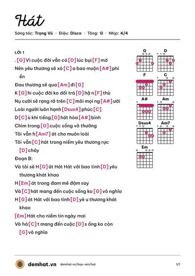 Hợp âm Hát (Võ Hạ Trâm) – bản nhạc PDF trang 1, tông G