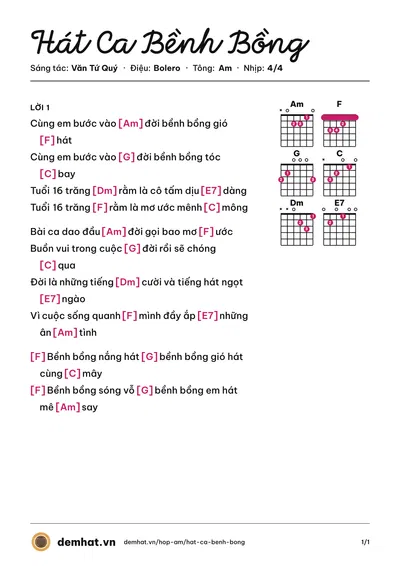 Hợp âm Hát Ca Bềnh Bồng (Phạm Thanh Thảo) – bản nhạc PDF trang 1, tông Am