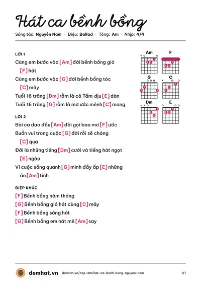 Hợp âm Hát ca bềnh bồng (Nguyễn Nam) – bản nhạc PDF trang 1, tông Am