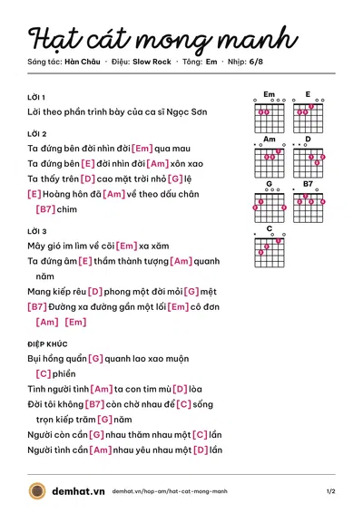 Hợp âm Hạt cát mong manh (Ngọc Sơn) – bản nhạc PDF trang 1, tông Em