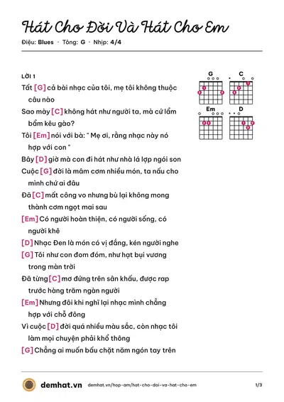 Hợp âm Hát Cho Đời Và Hát Cho Em (Thơm) – bản nhạc PDF trang 1, tông G