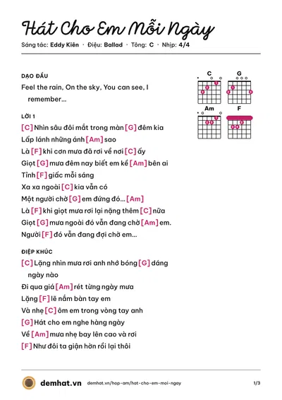 Hợp âm Hát Cho Em Mỗi Ngày (Eddy Kiên) – bản nhạc PDF trang 1, tông C