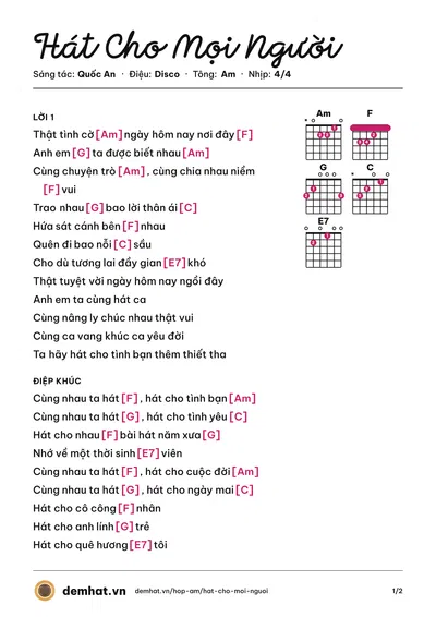 Hợp âm Hát Cho Mọi Người (B.O.M) – bản nhạc PDF trang 1, tông Am