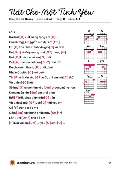 Hợp âm Hát Cho Một Tình Yêu (Lệ Quyên) – bản nhạc PDF trang 1, tông C