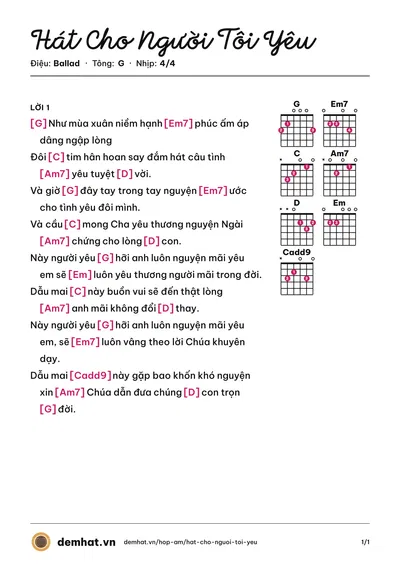 Hợp âm Hát Cho Người Tôi Yêu (Kim Nguyên) – bản nhạc PDF trang 1, tông G