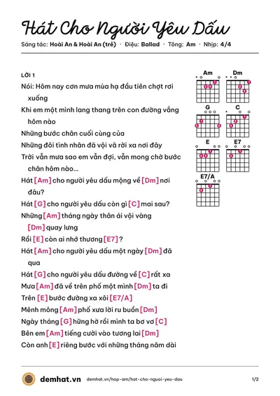Hợp âm Hát Cho Người Yêu Dấu (Quang Vinh) – bản nhạc PDF trang 1, tông Am