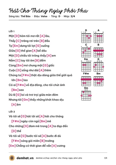 Hợp âm Hát Cho Tháng Ngày Phôi Pha (Thế Bảo) – bản nhạc PDF trang 1, tông D