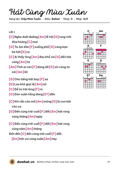 Hợp âm Hát Cùng Mùa Xuân (Mắt Ngọc) – bản nhạc PDF trang 1, tông C