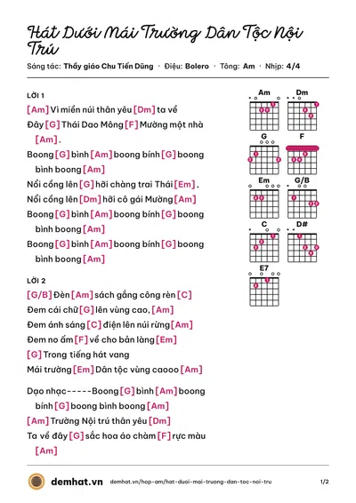 Hợp âm Hát Dưới Mái Trường Dân Tộc Nội Trú (Tốp Ca) – bản nhạc PDF trang 1, tông Am