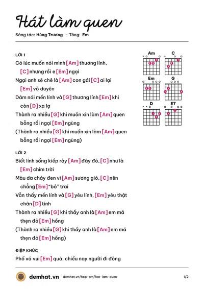 Hợp âm Hát làm quen (Mai Lệ Huyền (trước 75)) – bản nhạc PDF trang 1, tông Em