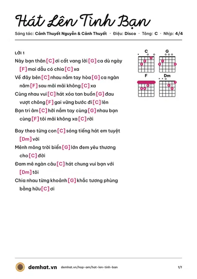 Hợp âm Hát Lên Tình Bạn (Cảnh Thuyết Nguyễn) – bản nhạc PDF trang 1, tông C