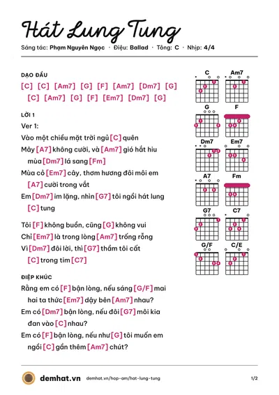 Hợp âm Hát Lung Tung (Phạm Nguyên Ngọc) – bản nhạc PDF trang 1, tông C