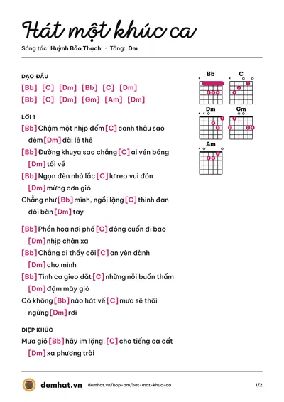Hợp âm Hát một khúc ca (Huỳnh Bảo Thạch) – bản nhạc PDF trang 1, tông Dm