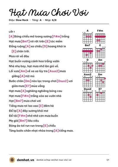 Hợp âm Hạt Mưa Chơi Vơi (Ngô Duy Khiêm) – bản nhạc PDF trang 1, tông A