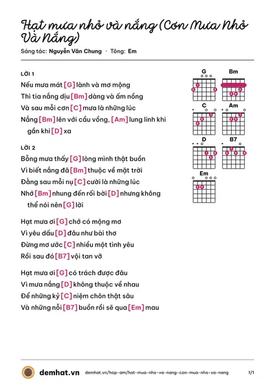 Hợp âm Hạt mưa nhỏ và nắng (Cơn Mưa Nhỏ Và Nắng) (Miu Lê) – bản nhạc PDF trang 1, tông Em