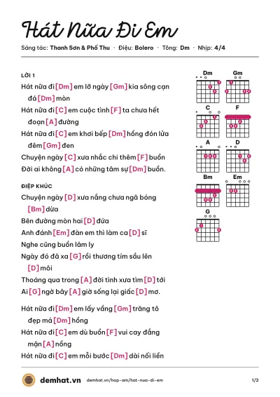 Hợp âm Hát Nữa Đi Em (Trường Vũ) – bản nhạc PDF trang 1, tông Dm
