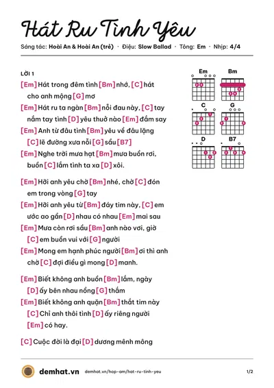Hợp âm Hát Ru Tình Yêu (Hồ Quỳnh Hương) – bản nhạc PDF trang 1, tông Em