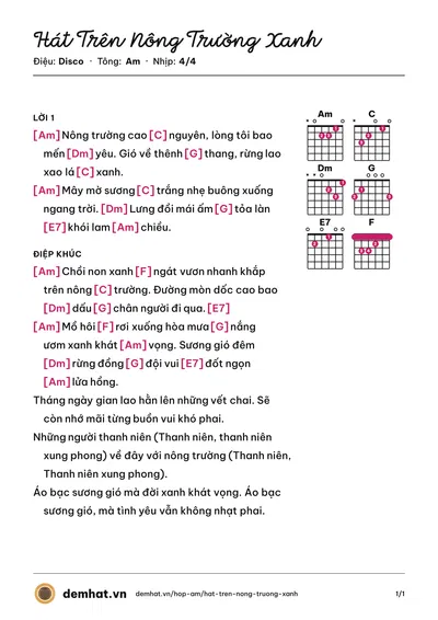 Hợp âm Hát Trên Nông Trường Xanh (tốc độ) – bản nhạc PDF trang 1, tông Am