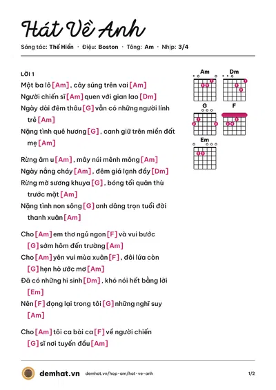 Hợp âm Hát Về Anh (Đan Trường) – bản nhạc PDF trang 1, tông Am