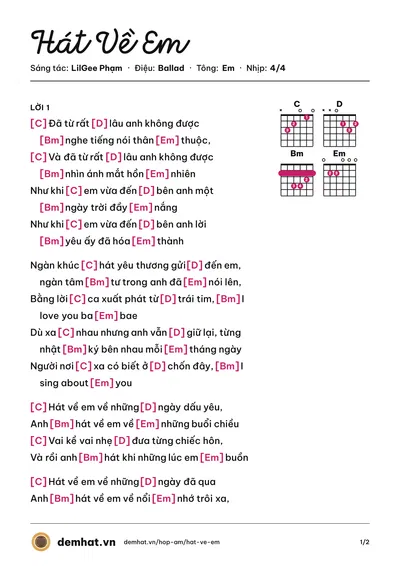 Hợp âm Hát Về Em (Rapper Mạnh Cường) – bản nhạc PDF trang 1, tông Em