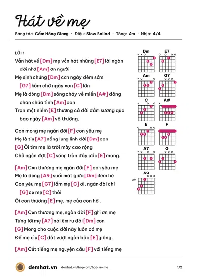 Hợp âm Hát về mẹ (Lâm Vũ) – bản nhạc PDF trang 1, tông Am