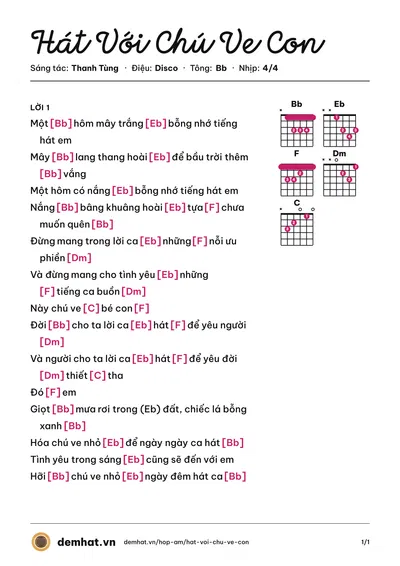 Hợp âm Hát Với Chú Ve Con (Bằng Kiều) – bản nhạc PDF trang 1, tông Bb
