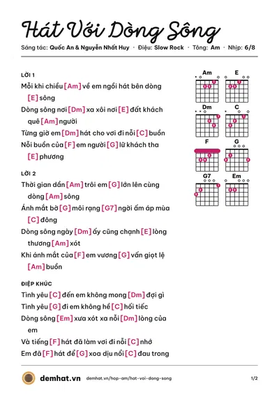 Hợp âm Hát Với Dòng Sông (Mỹ Tâm) – bản nhạc PDF trang 1, tông Am