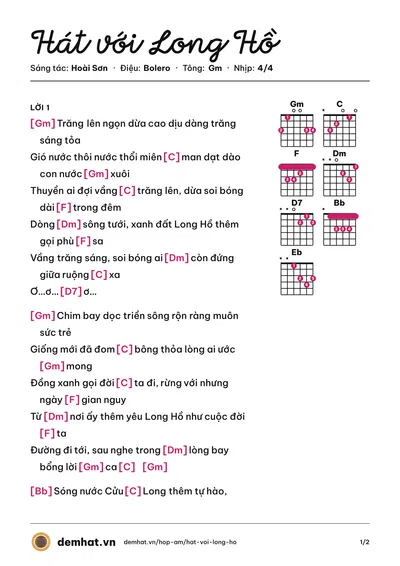 Hợp âm Hát với Long Hồ (Lâm Ngọc Hoa) – bản nhạc PDF trang 1, tông Gm