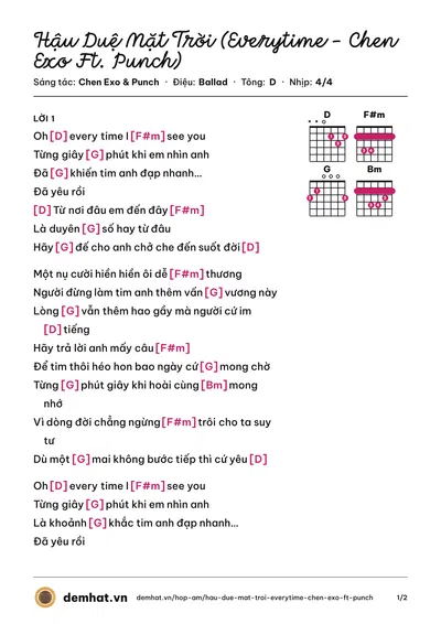 Hợp âm Hậu Duệ Mặt Trời (Everytime - Chen Exo Ft. Punch) (Chen Exo) – bản nhạc PDF trang 1, tông D