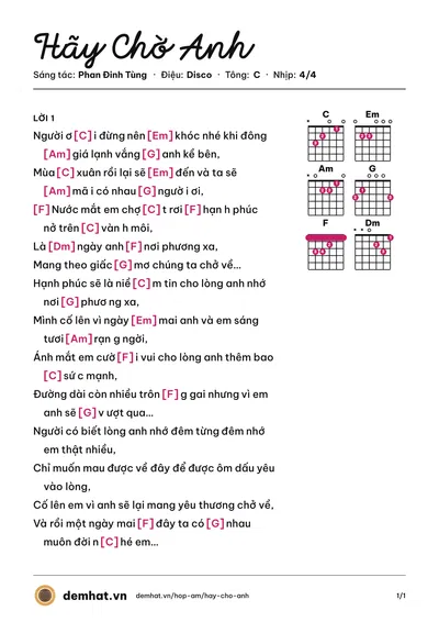 Hợp âm Hãy Chờ Anh (Vương Phong) – bản nhạc PDF trang 1, tông C