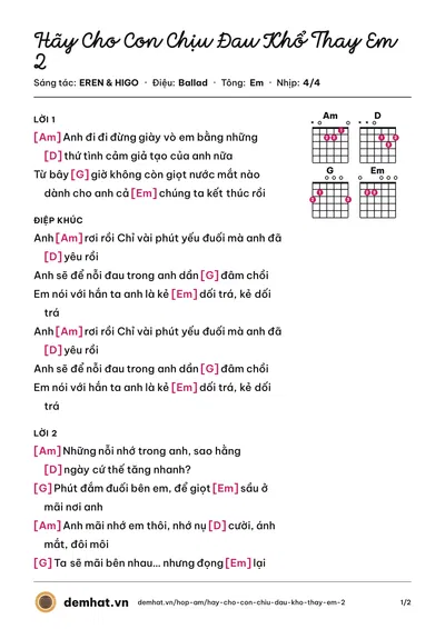 Hợp âm Hãy Cho Con Chịu Đau Khổ Thay Em 2 (Lil Liem) – bản nhạc PDF trang 1, tông Em